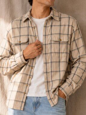 Lucky Brand Men's Cotton Linen Cream Plaid Button Up Shirt Classic Fit Preppy M